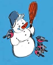 Раскраска "Снеговик и снегири"